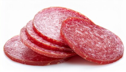 pieces of sliced salami sausage pile of salami sausage slices isolated on white background