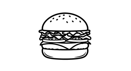 Fototapeta premium Black and White Line Art Illustration of a Classic Hamburger
