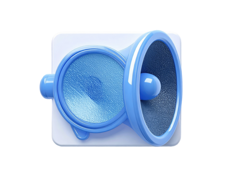 Light-blue loudspeaker icon, 3D style, on a white square