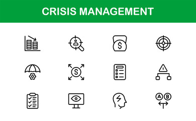 Crisis Management Icons – Professional Line Icon Set. Modern, minimal vector symbols for risk, recovery, and emergency planning.