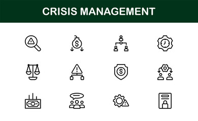 Crisis Management Icons – Professional Line Icon Set. Modern, minimal vector symbols for risk, recovery, and emergency planning.