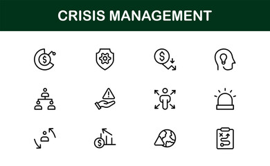 Crisis Management Icons – Professional Line Icon Set. Modern, minimal vector symbols for risk, recovery, and emergency planning.