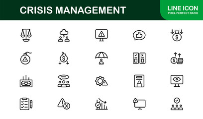 Crisis Management Icons – Professional Line Icon Set. Modern, minimal vector symbols for risk, recovery, and emergency planning.
