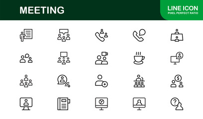 Meeting Icon Set Featuring Vector Line Art for Business Discussions, Team Collaboration, Video Calls, and Professional Communication
