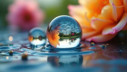 Ultra clear macro shot of water drops refracting vibrant, water drops on a glass , drops of water on glass , drops of water , easter eggs and glass of champagne