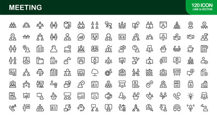 Meeting Icon Set Featuring Vector Line Art for Business Discussions, Team Collaboration, Video Calls, and Professional Communication