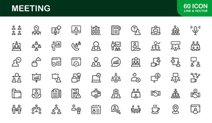 Meeting Icon Set Featuring Vector Line Art for Business Discussions, Team Collaboration, Video Calls, and Professional Communication