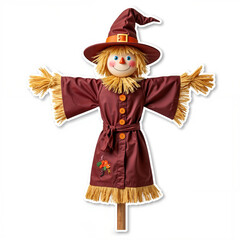 Scarecrow sticker in a Halloween costume with a cheerful expression on a white background