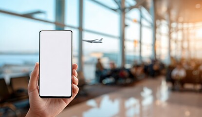 Smartphone held in hand, airport terminal background