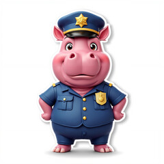 Naklejka premium Hippopotamus sticker dressed as a police officer with a confident expression on a white background