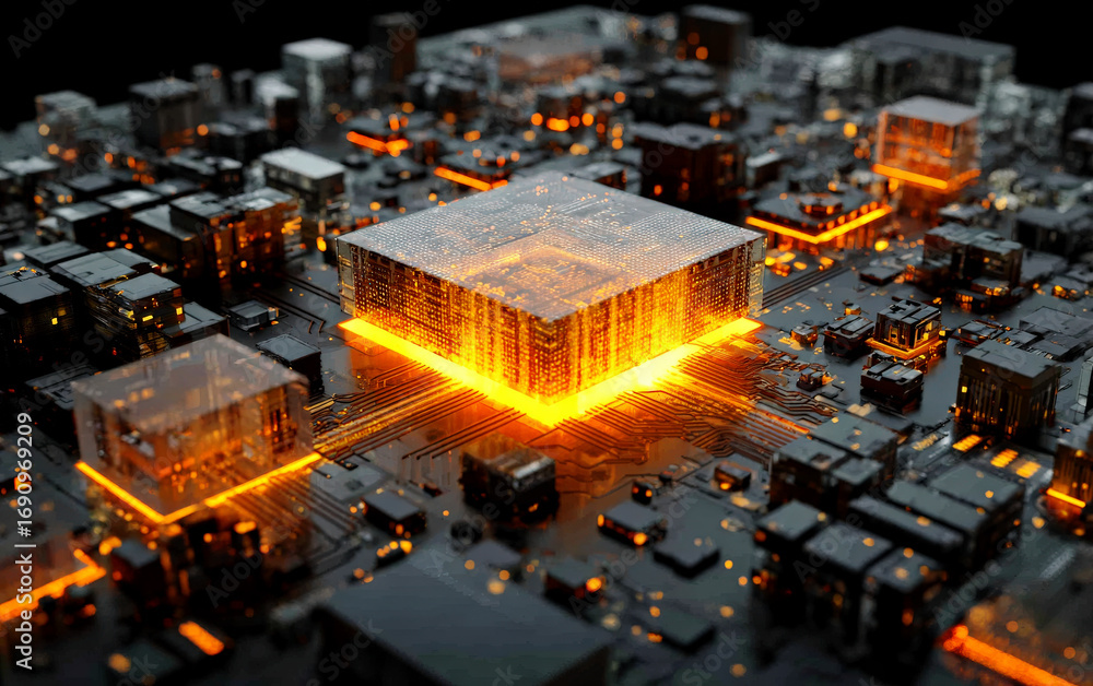 Aufkleber high-tech circuit board with glowing central chip component