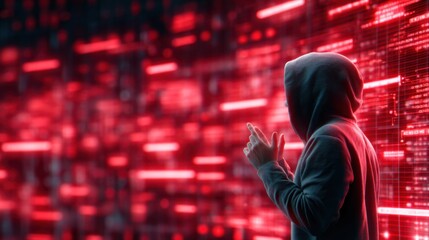 A shadowy figure in a hoodie appears against a backdrop of red digital data, suggesting themes of technology, security, and anonymity.
