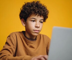 A young person intently focuses on a laptop computer against a vibrant yellow background.