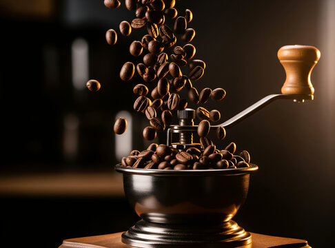 Roasted Coffee Beans Falling into Grinder in Motion
