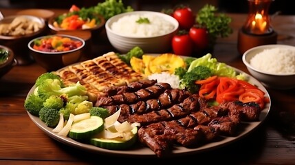 Flat table spread with a round plate of grilled meats chicken, beef, and lamb centered over fluffy rice, crispy grilled vegetables, and salad greens