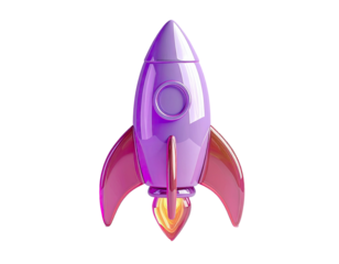 3D stylized purple and pink rocket, glossy finish, launching