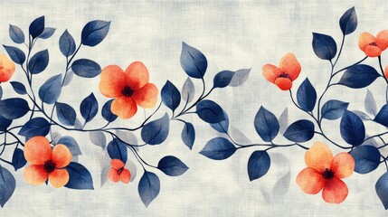 Delicate floral design featuring vibrant orange blossoms and rich indigo leaves on a light beige textured background.