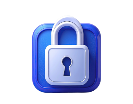 Square icon, vibrant blue, depicts a 3D lock