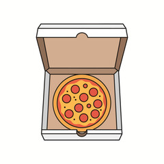 Pizza in delivery box icon. Pepperoni pizza for takeout service. Vector.