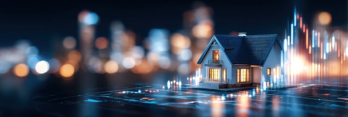 A modern digital representation of a house with a glowing cityscape background, symbolizing real estate and technology integration.