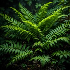 Lush Green Fern Foliage Against a Dark Background