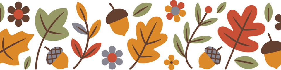 A colorful and decorative autumn foliage design creating a seamless horizontal border with leaves, acorns, and flowers