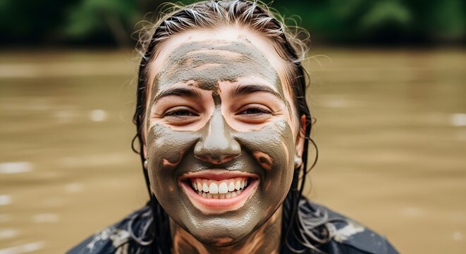 Joyful woman covered in mud smiling brightly after a fun mud run adventure race, celebrating healthy outdoor lifestyle with a huge smile