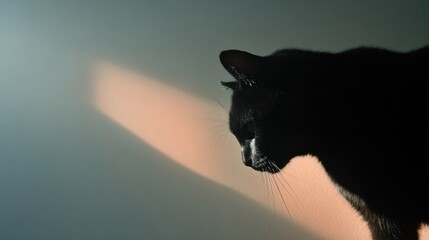 Close up of black cat silhouette with soft lighting and ambient background
