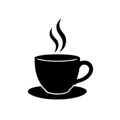 Silhouette of steaming coffee cup on saucer - Black silhouette illustration of a hot coffee cup with steam rising, symbolizing morning, relaxation, beverage culture, and caffeine energy.
