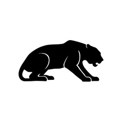 Obraz premium Silhouette of crouching big cat predator - Black silhouette illustration of a crouching big cat, symbolizing strength, hunting instinct, danger, and wildlife power in nature. 