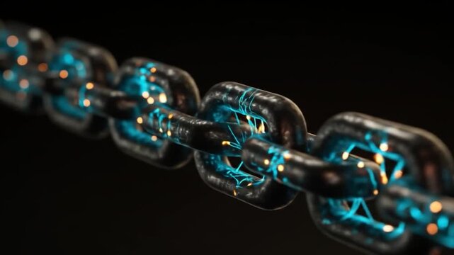 Linked chain with digital blue connection data flow