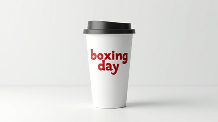A white paper cup with a black lid isolated on white background, featuring the text boxing day in red, perfect for seasonal promotions and festive marketing campaigns