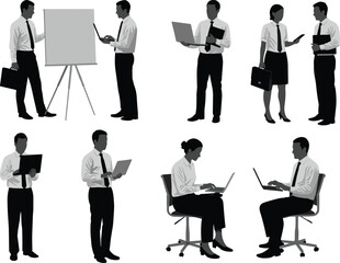 PrintBusiness professionals using laptops, tablets, documents, presenting charts, discussing reports, office teamwork, workplace posture, vector illustration, black silhouette graphic