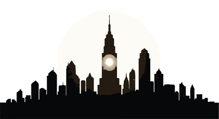 Fototapeta premium Majestic city skyline silhouette at dusk with a glowing sun behind tall buildings