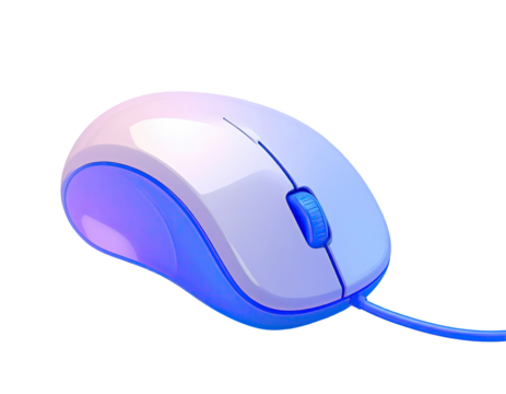 A computer mouse, light purple and blue, with a white body and a cord