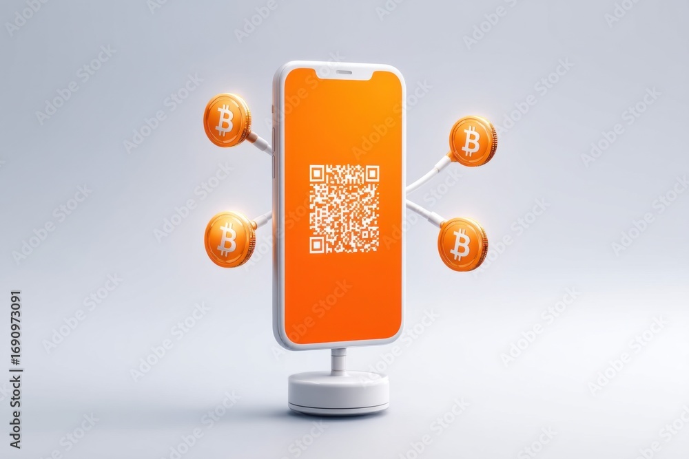 Poster a smartphone displaying a qr code with bitcoin symbols, emphasizing cryptocurrency technology and di