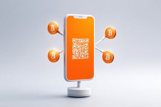 A smartphone displaying a QR code with Bitcoin symbols, emphasizing cryptocurrency technology and digital transactions.