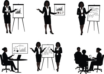 PrintBusinesswoman presenting charts, graphs, flowcharts, team meeting, office collaboration, data analysis, professional posture, workplace scene, vector illustration, black silhouette