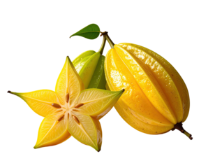 Two star fruit, one whole, one sliced, vibrant yellow and green,  on black background