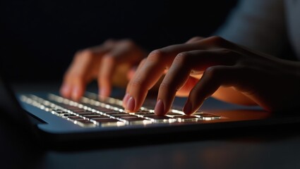 close up of hands on keyboard, hands typing on a keyboard
