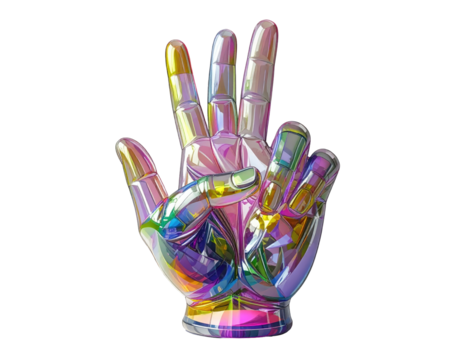 Abstract, colorful, iridescent hand graphic. Three fingers raised, glossy, geometric, stylized, and holographic