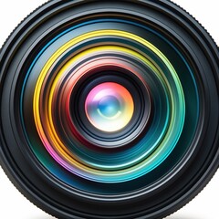 Close-up of a colorful camera lens with vibrant concentric rings and reflections, symbolizing photography and technology concepts