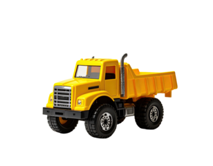 Yellow toy dump truck against black background