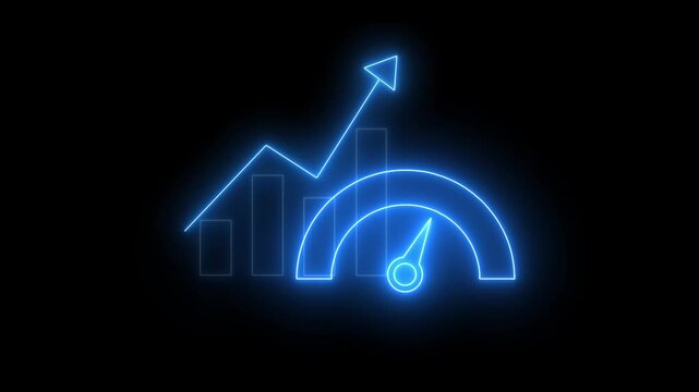 Businessman shows glowing neon line of Benchmark icon with black background.