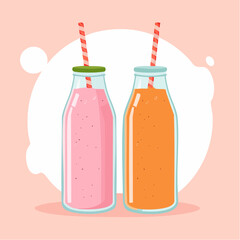 Zwei Glasflaschen mit pinkfarbenen und orangefarbenen Smoothies