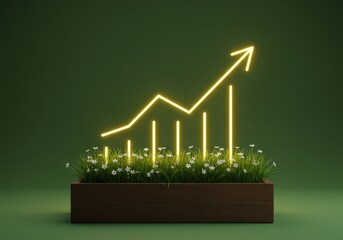 Glowing neon line graph shows upward trend in business growth and success