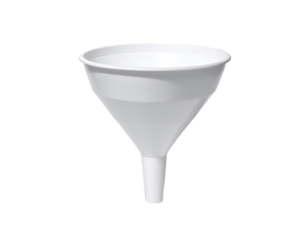 White plastic funnel, conical shape, smooth surface