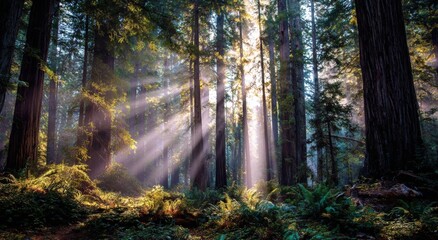 Fototapeta premium Sunlight streams through redwood forest (4)