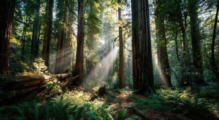 Obraz premium Sunlight streams through redwood forest (3)