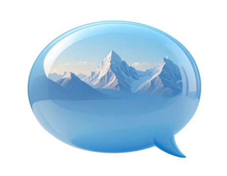 Blue speech bubble with snowy mountain range inside